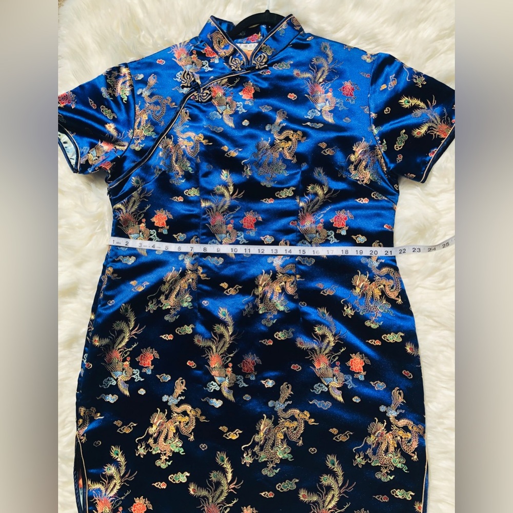 Woman’s M-L  Vintage Brocade Cheosan Midi-Long Blur Dress Embroidered Dragons